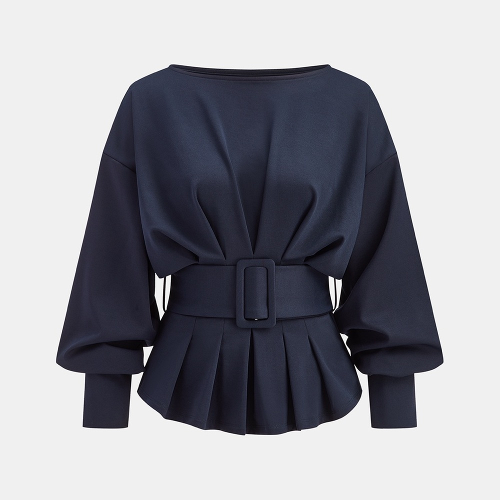 NWT - Boat Neck Peplum Sweatshirt with Wide Belt - Picture 2 of 6